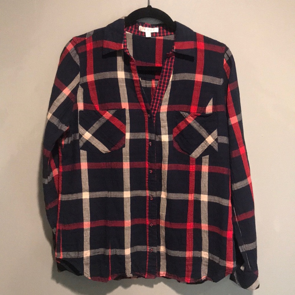 Red/White/Blue Long Sleeve V-Neck Button Up